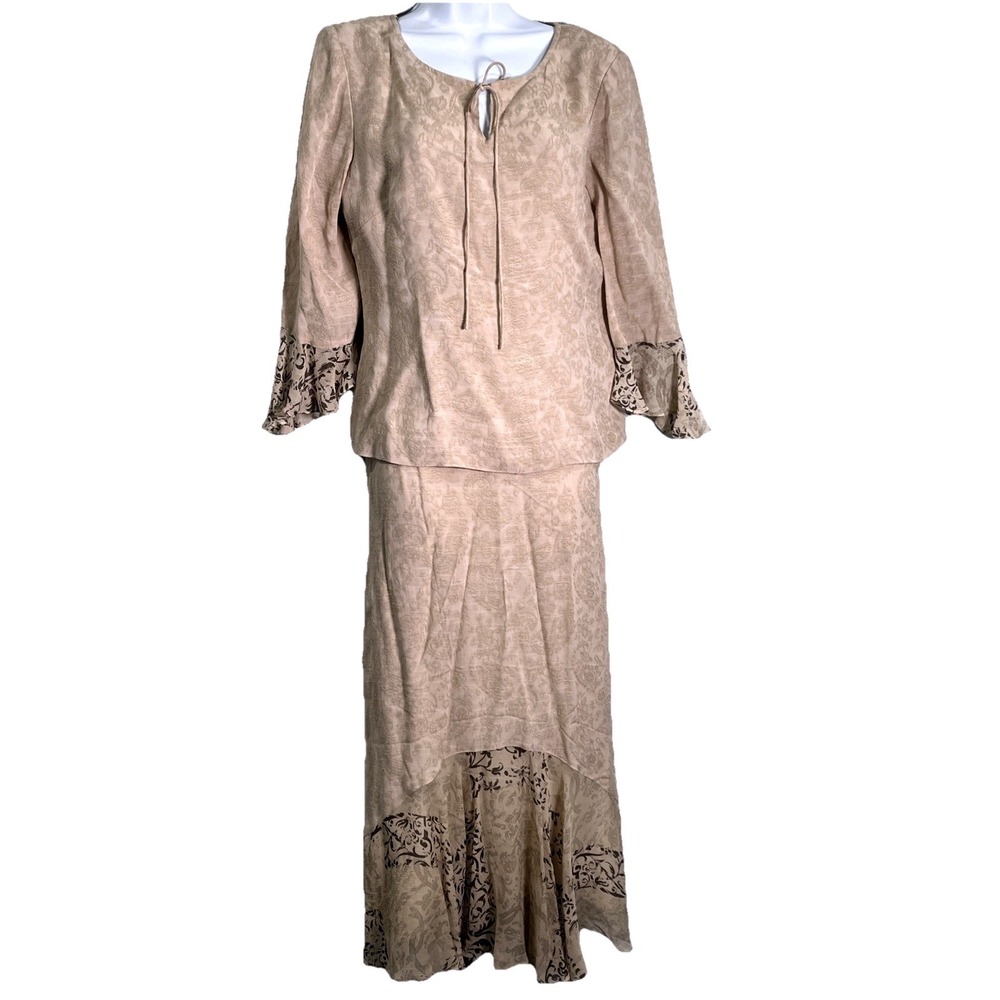 Vintage Cynthia Howie Maxi Skirt Set‎ Womens 6 Beige Paisley Silk Trim Romantic